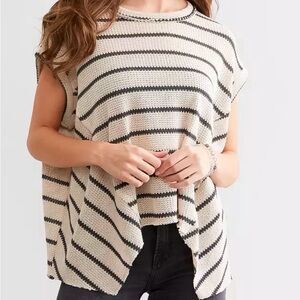 BKE Striped Open Knit Woven Raw Edge Sharktooth Hem Sleeveless Shrug Sweater